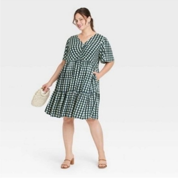 Ava & Viv Dresses & Skirts - Ava & Viv Women's Plus Size Flutter Short Sleeve Tiered Midi Dress Gingham